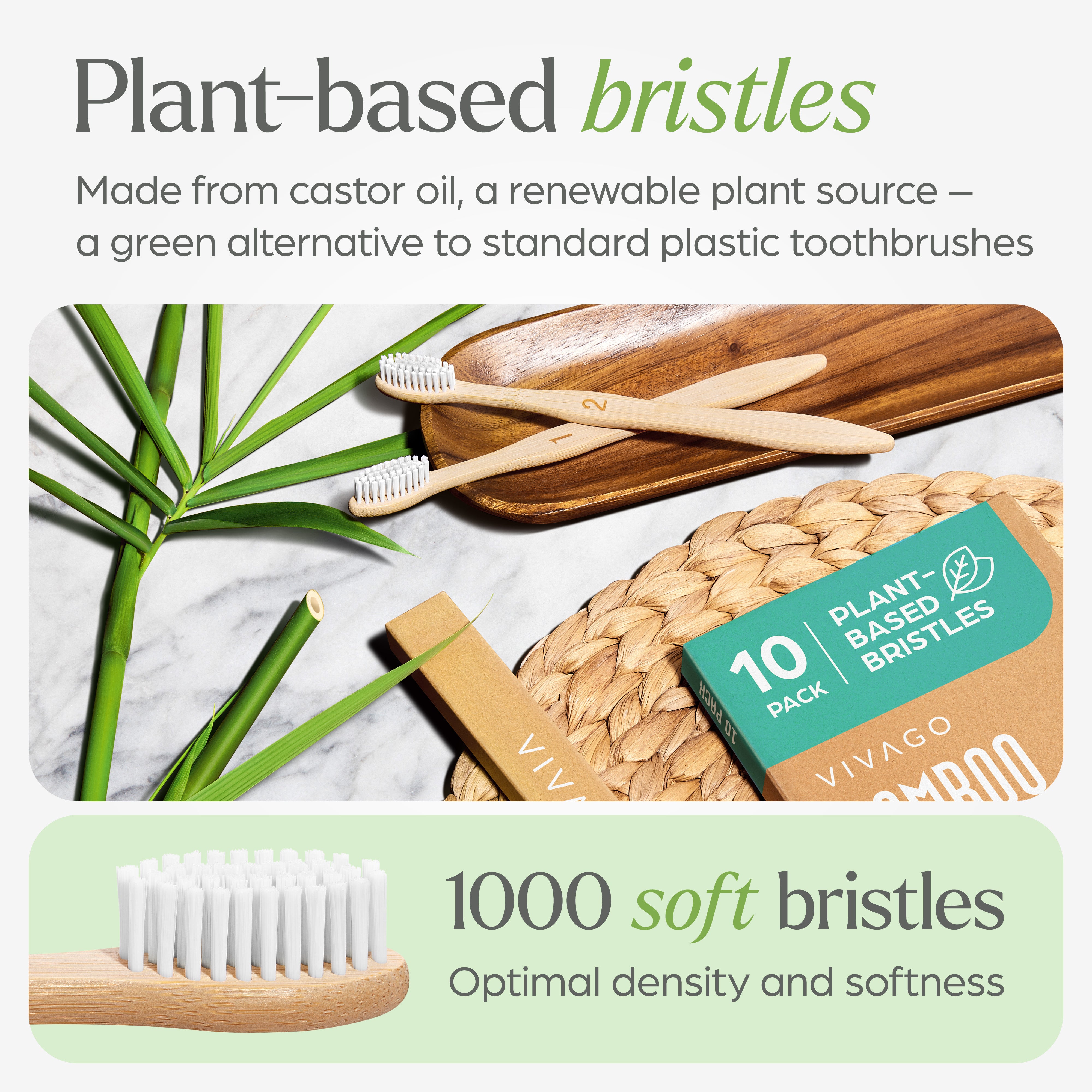 Plant Based Bristles Bamboo Toothbrushes  - 10 Pack