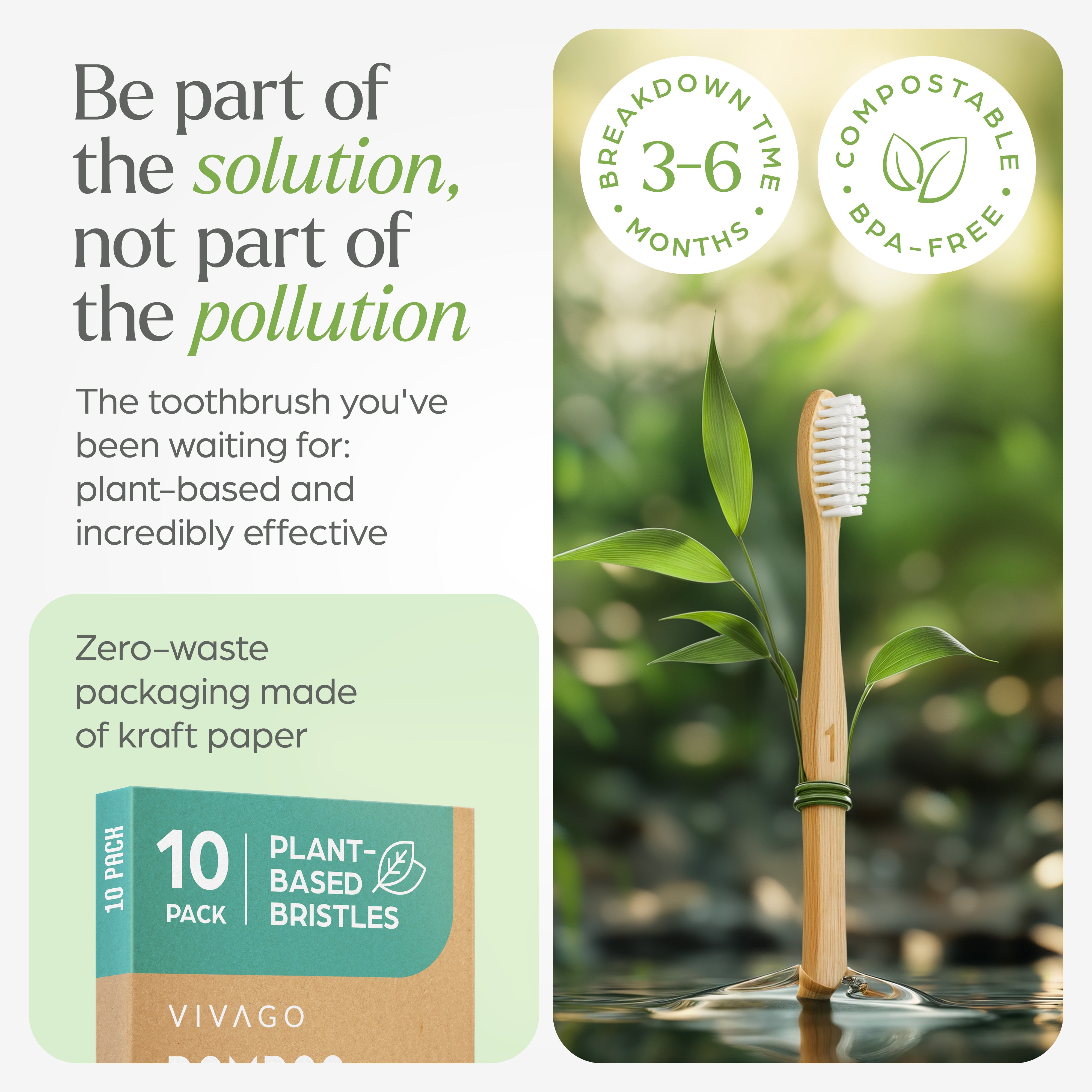 Plant Based Bristles Bamboo Toothbrushes  - 10 Pack