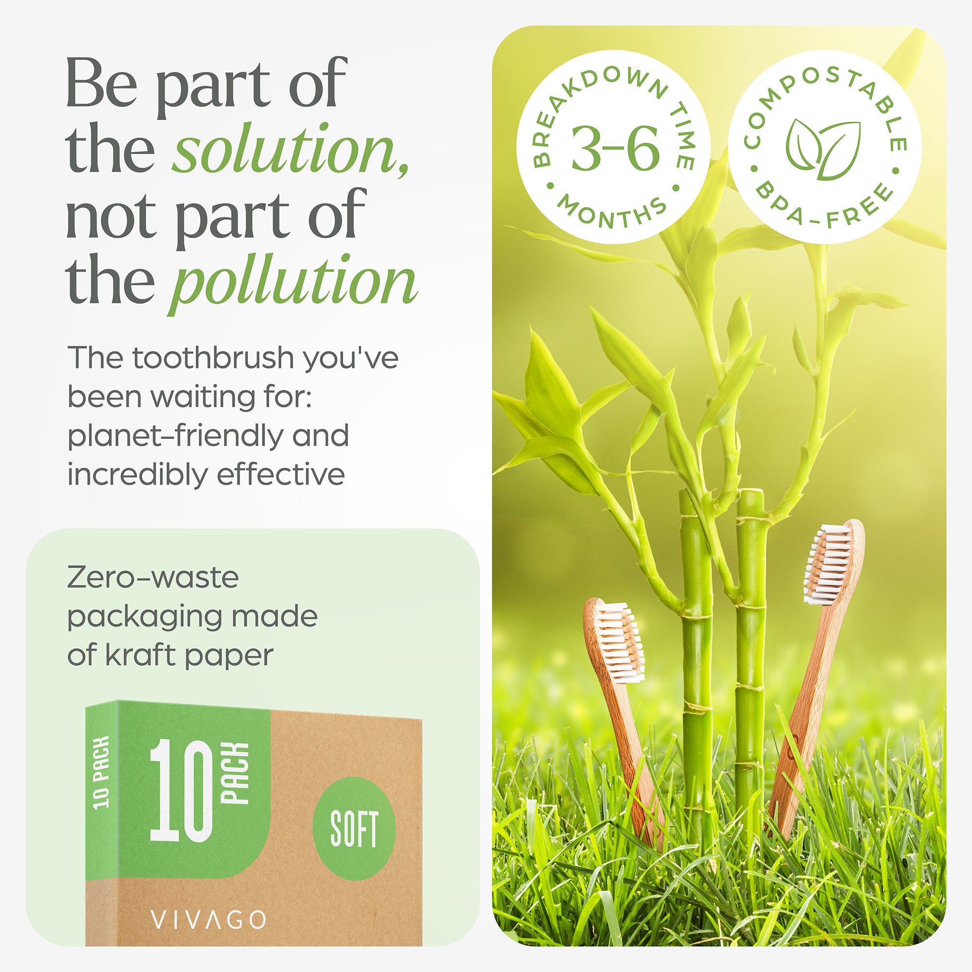 Bamboo Toothbrushes Soft Bristles - 10 Pack