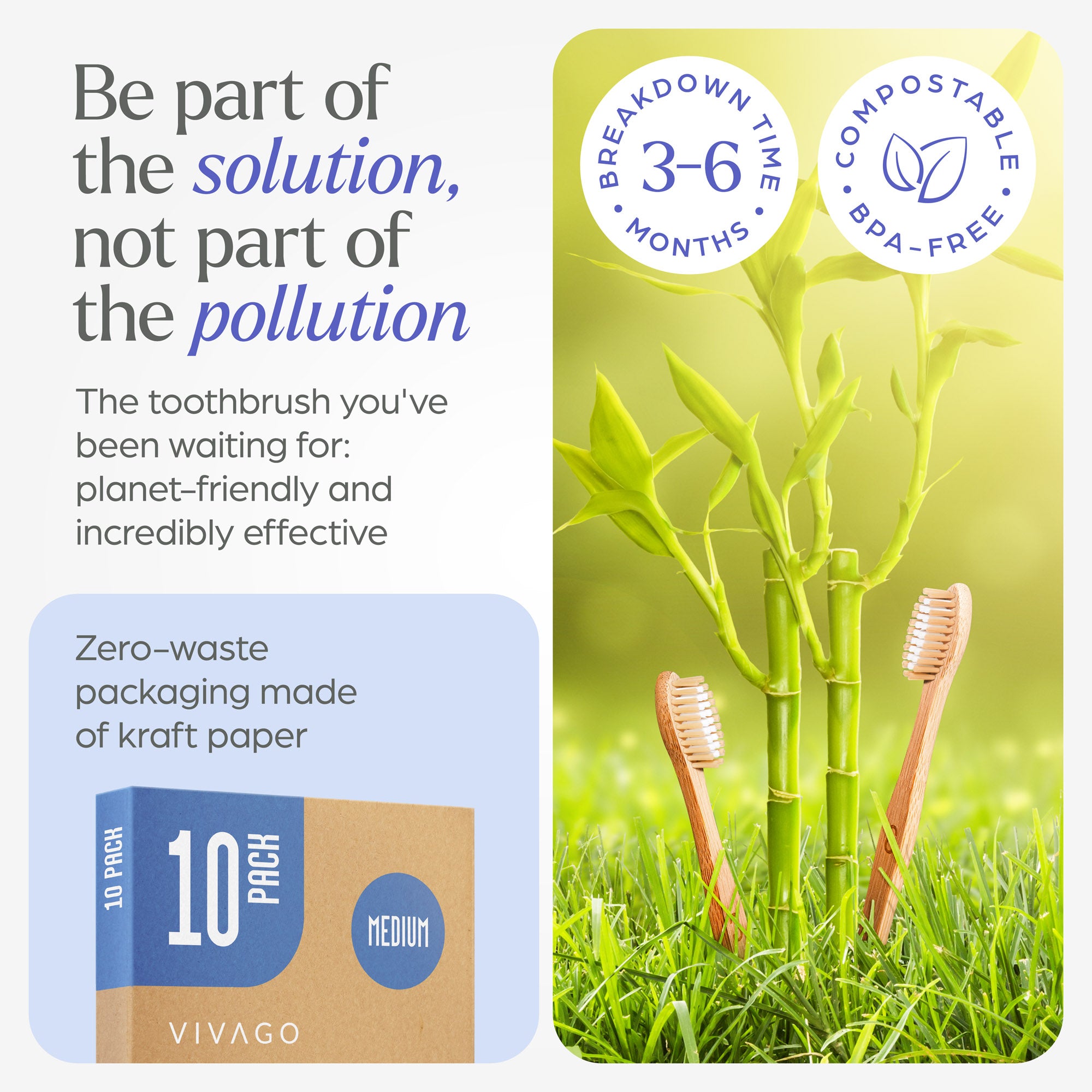 Bamboo Toothbrushes Medium Bristles - 10 Pack
