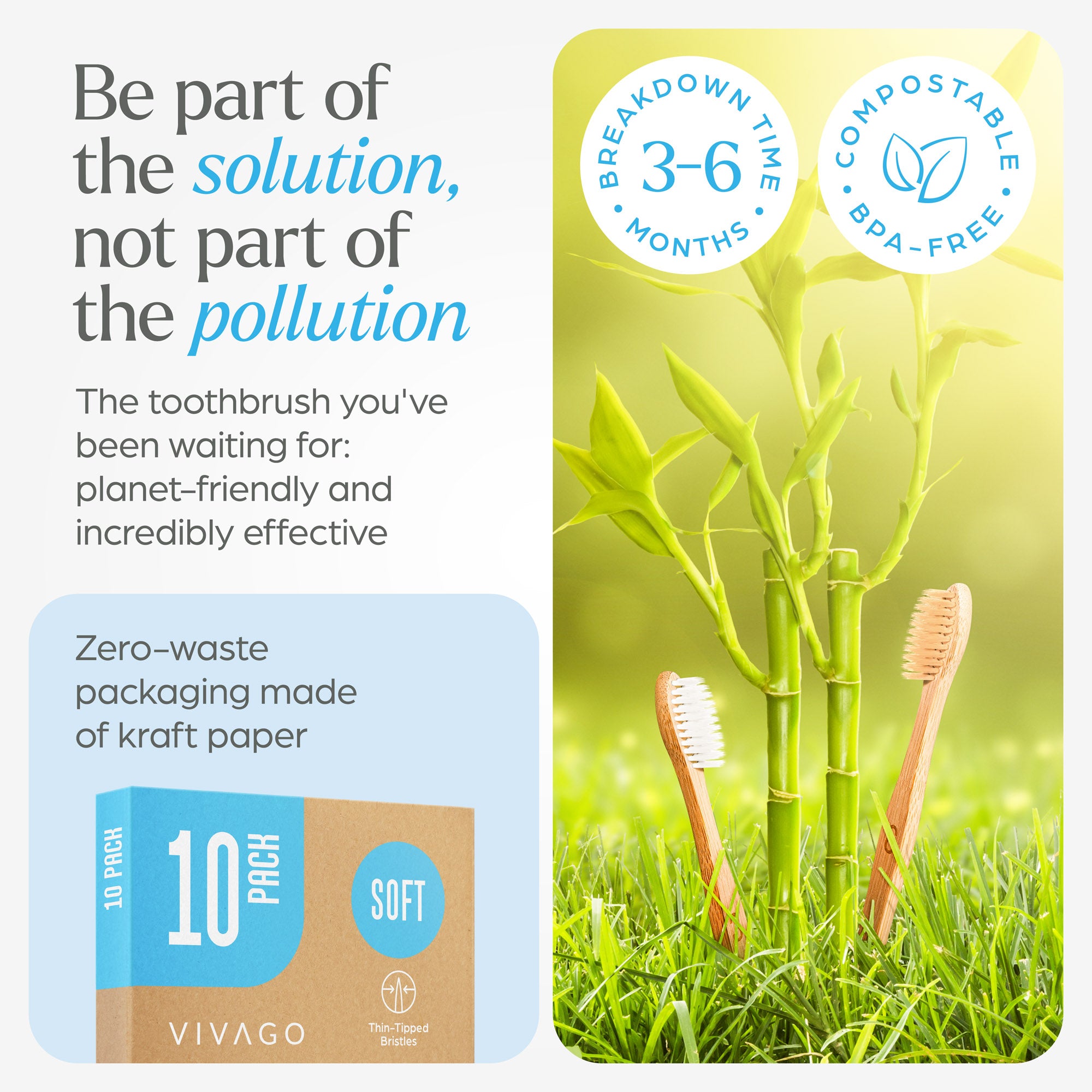 Bamboo Toothbrushes Soft Bristles - 10 Pack