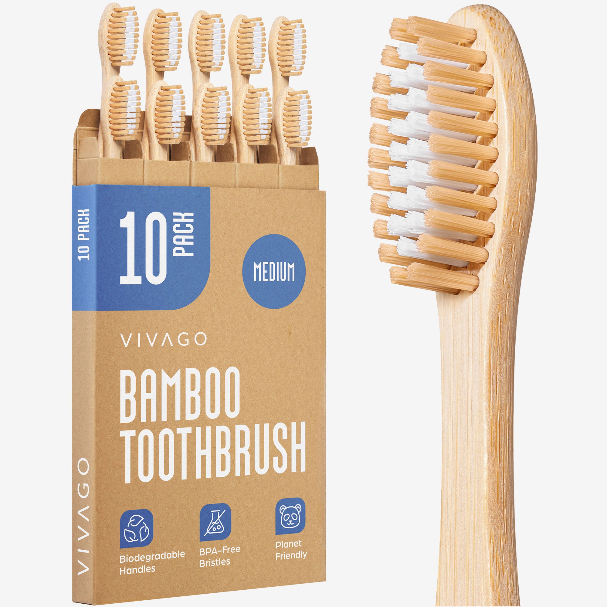Bamboo Toothbrushes Medium Bristles - 10 Pack