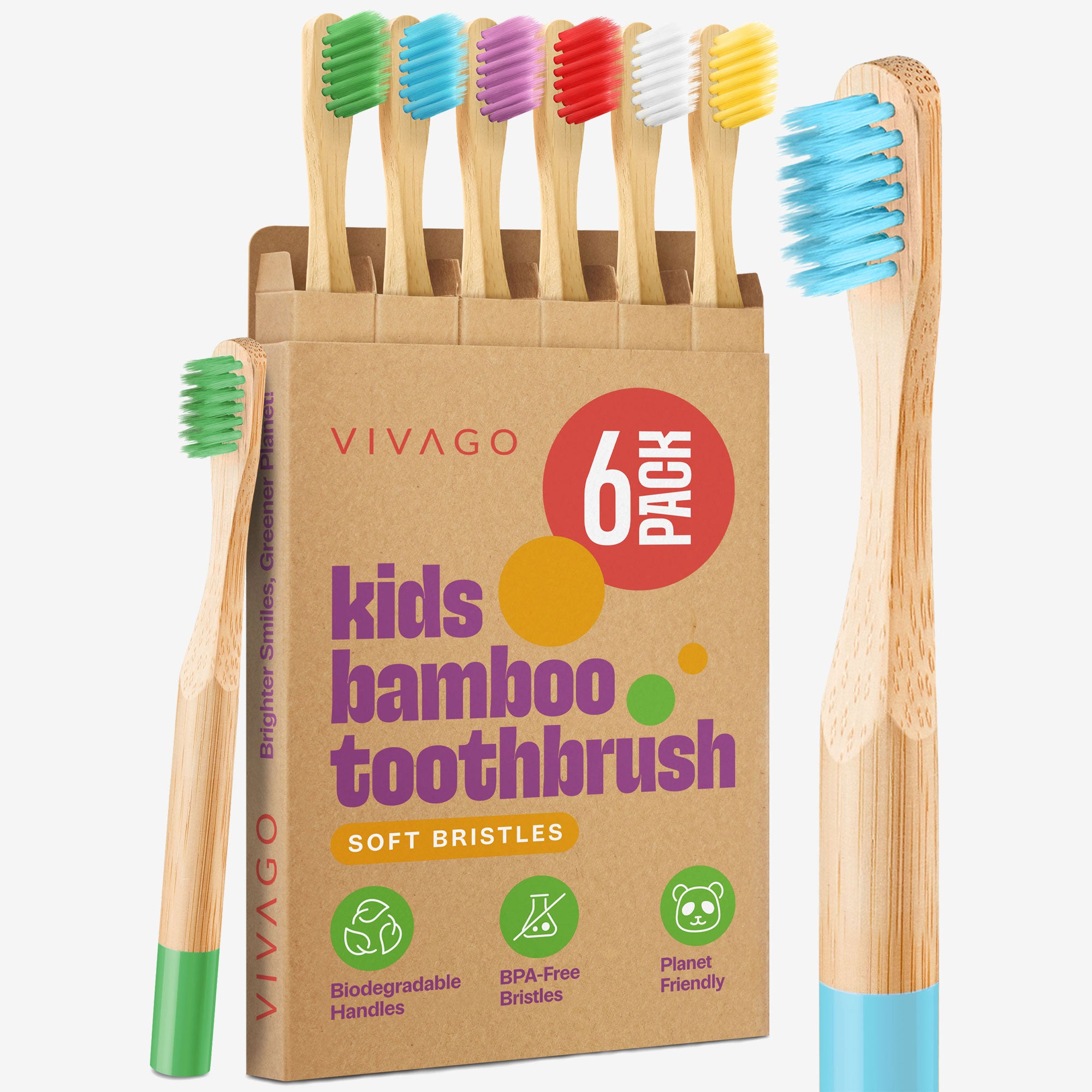 Kids Bamboo Toothbrushes - 6 Pack