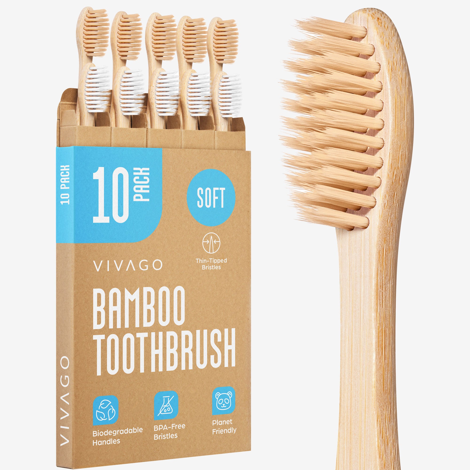 Bamboo Toothbrushes Soft Bristles - 10 Pack